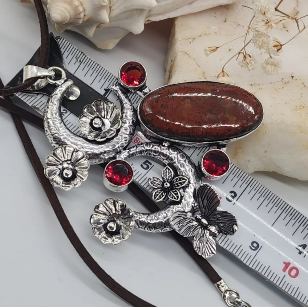 Moon Silver 925 Necklace Pendant Natural Agate Cabochon Stone Leather Necklace